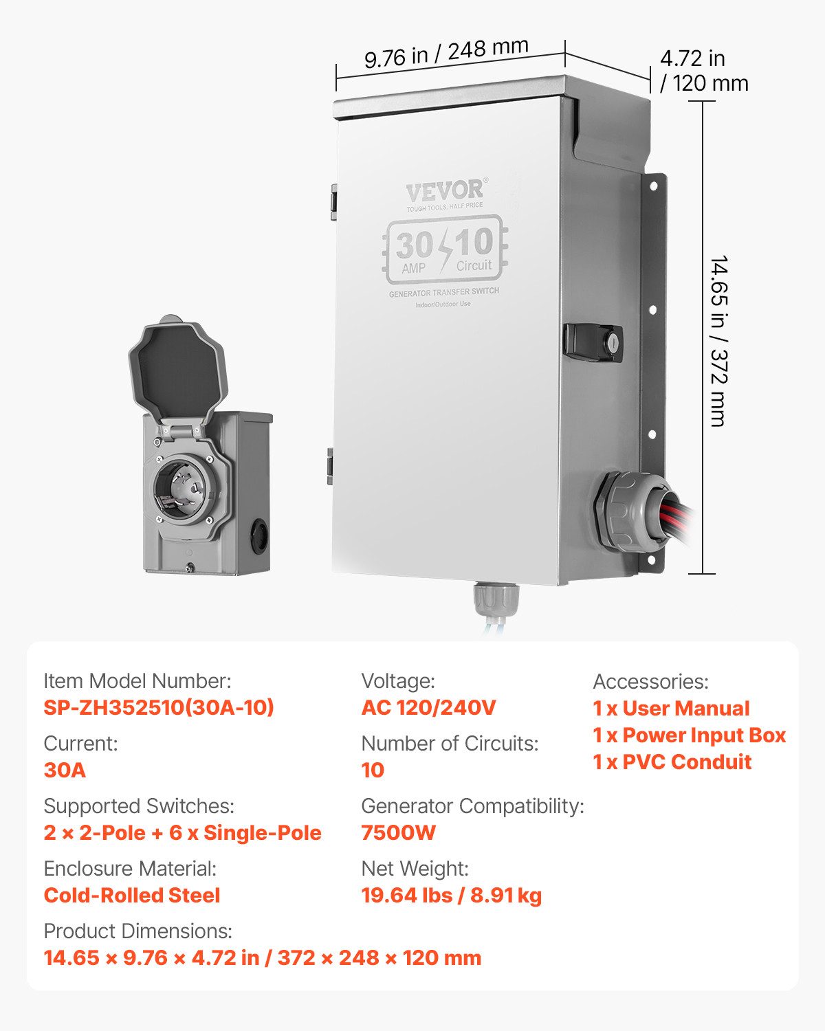 VEVOR Manual Transfer Switch 30A Generator Transfer Switch Kit NEMA 3R 7500W