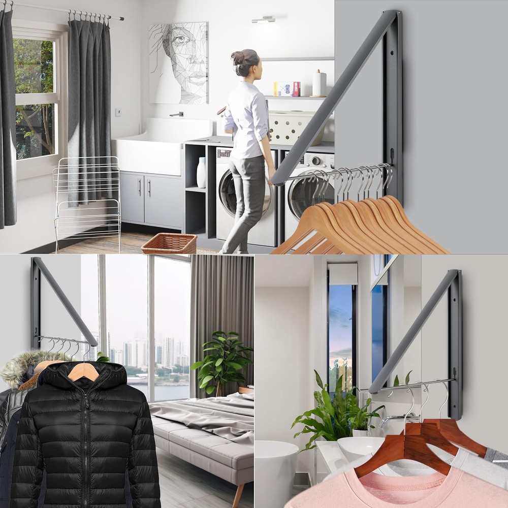Retractable Clothes Drying Rack Wall Mounted, Foldable Space-Saving Hanger fo...