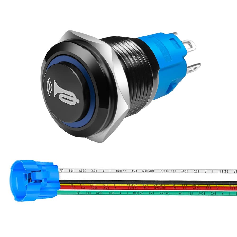 16mm Momentary Push Button Switch 12V-24V Blue LED Waterproof