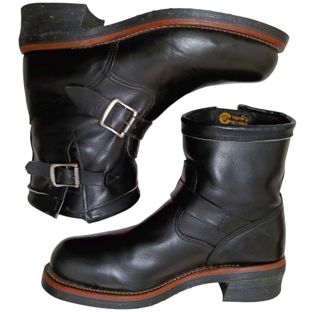 Chippewa Boots Leather Black Short Engineer Boots Size 8.5E