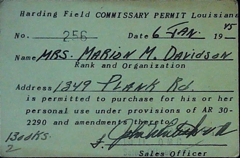 Harding Field Commissary Permit Pass Badget Receipt Mrs Marion Davidson 1/6/1945