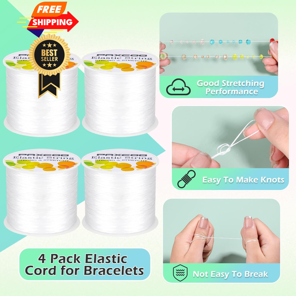 PAXCOO 4 Rolls Elastic String for Bracelets, Stretch Magic 4 Pack, White