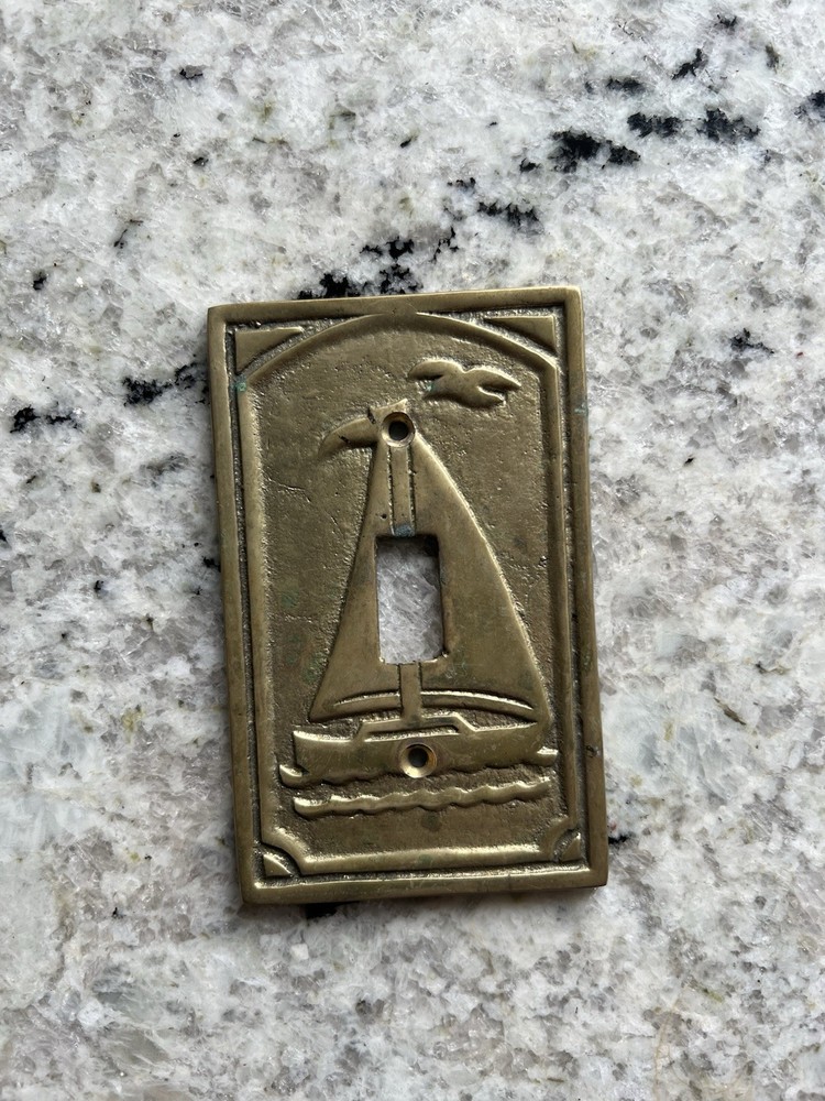 Vtg Solid Brass Sailboat Single Toggle Light Switch Plate Cover Nautical