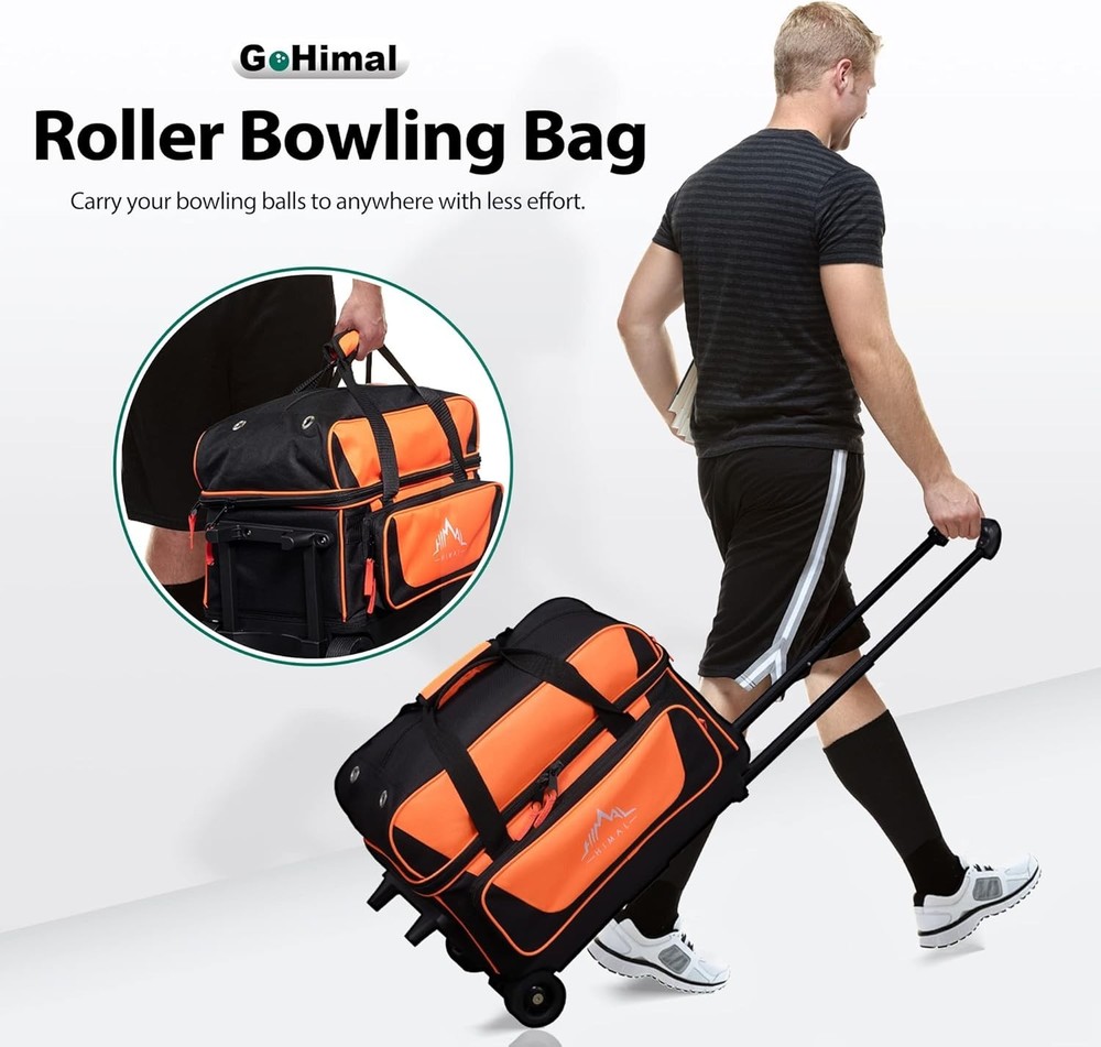 Durable 2 Ball Rolling Bowling Bag with Shoe Storage & Extendable Handle
