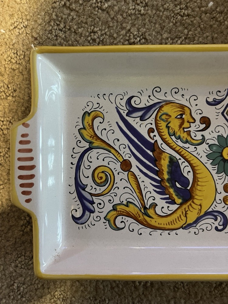 Deruta Ceramic Rectangular Baking Dish Yellow Blue Orange Decorative Handles