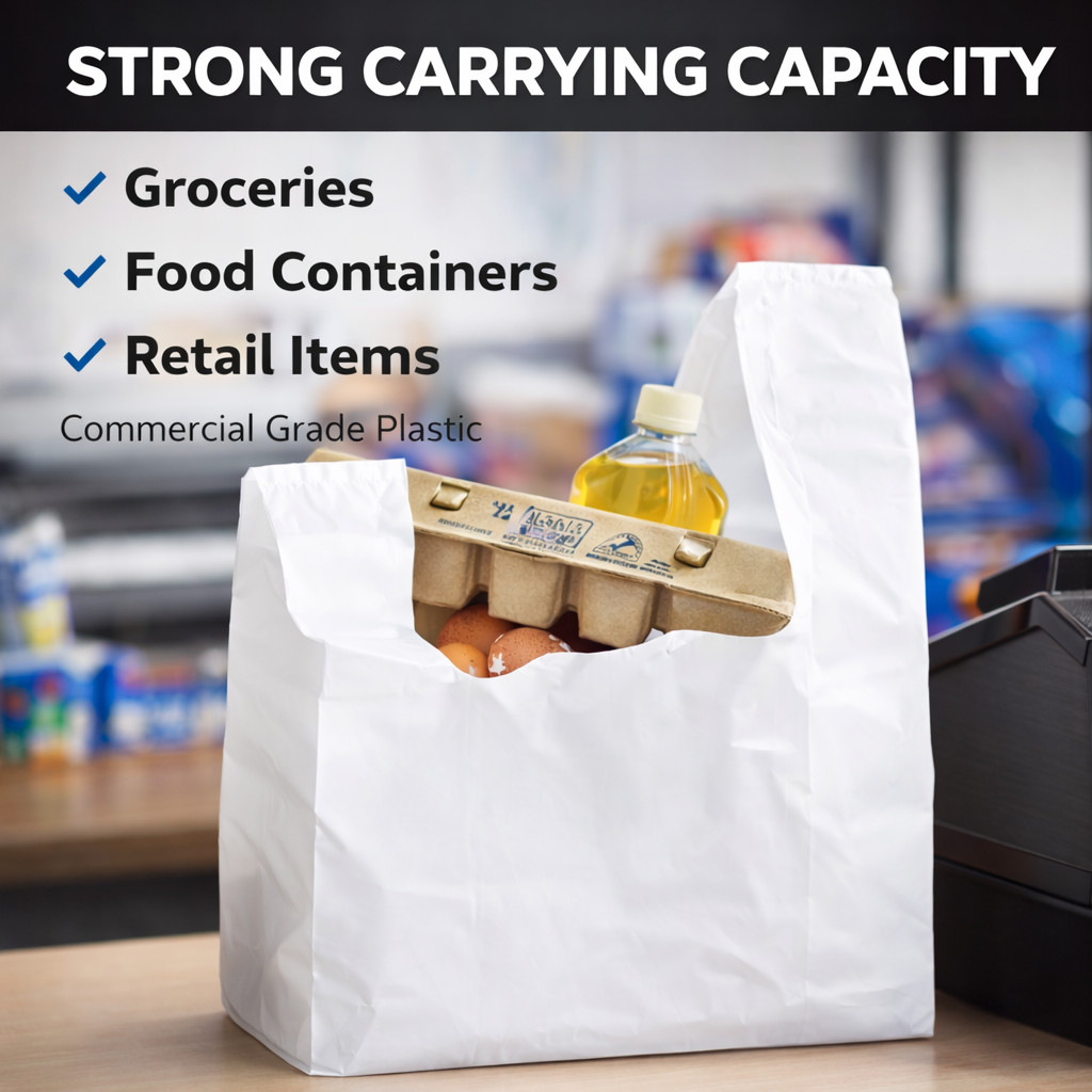 2.25 Mil Reusable Grocery White T-Shirt Bags 12x7x20 Extra Heavy Duty