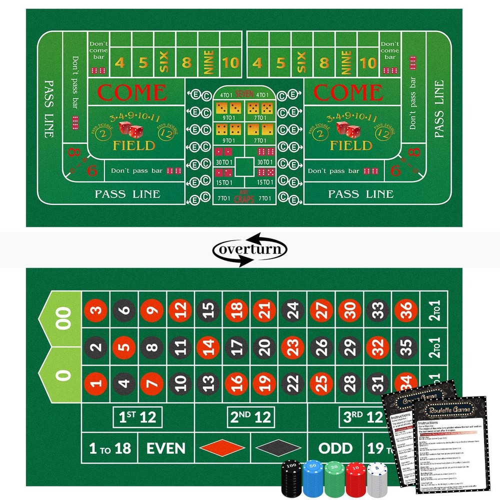 Double Sided Roulette & Craps Table Top Mat - 36"x72" Professional Green