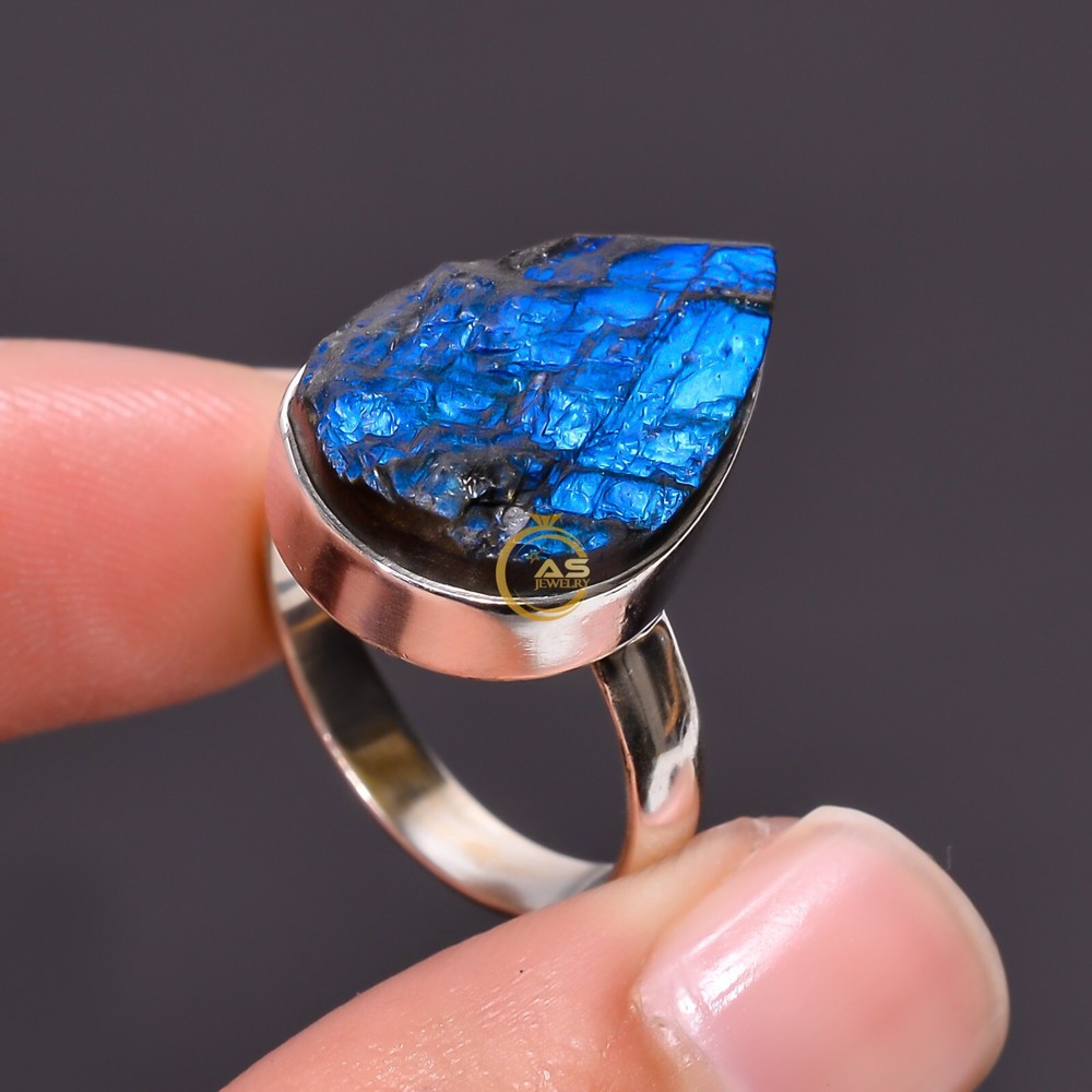 Natural Raw Labradorite Ring Blue Labradorite 925 Sterling Silver Statement Ring