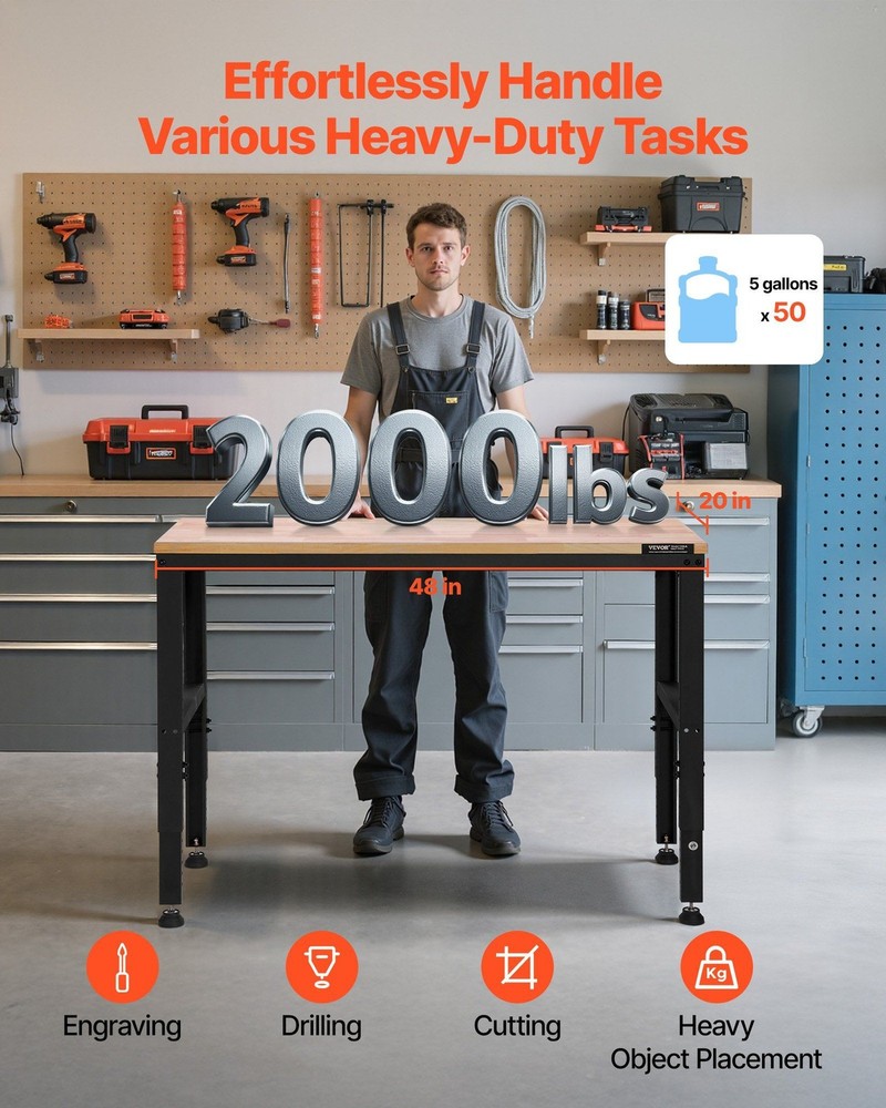 Garage Workbench: Steel Base, 48x20in Solid Oak Top, 2000lb Load, Power Outlets