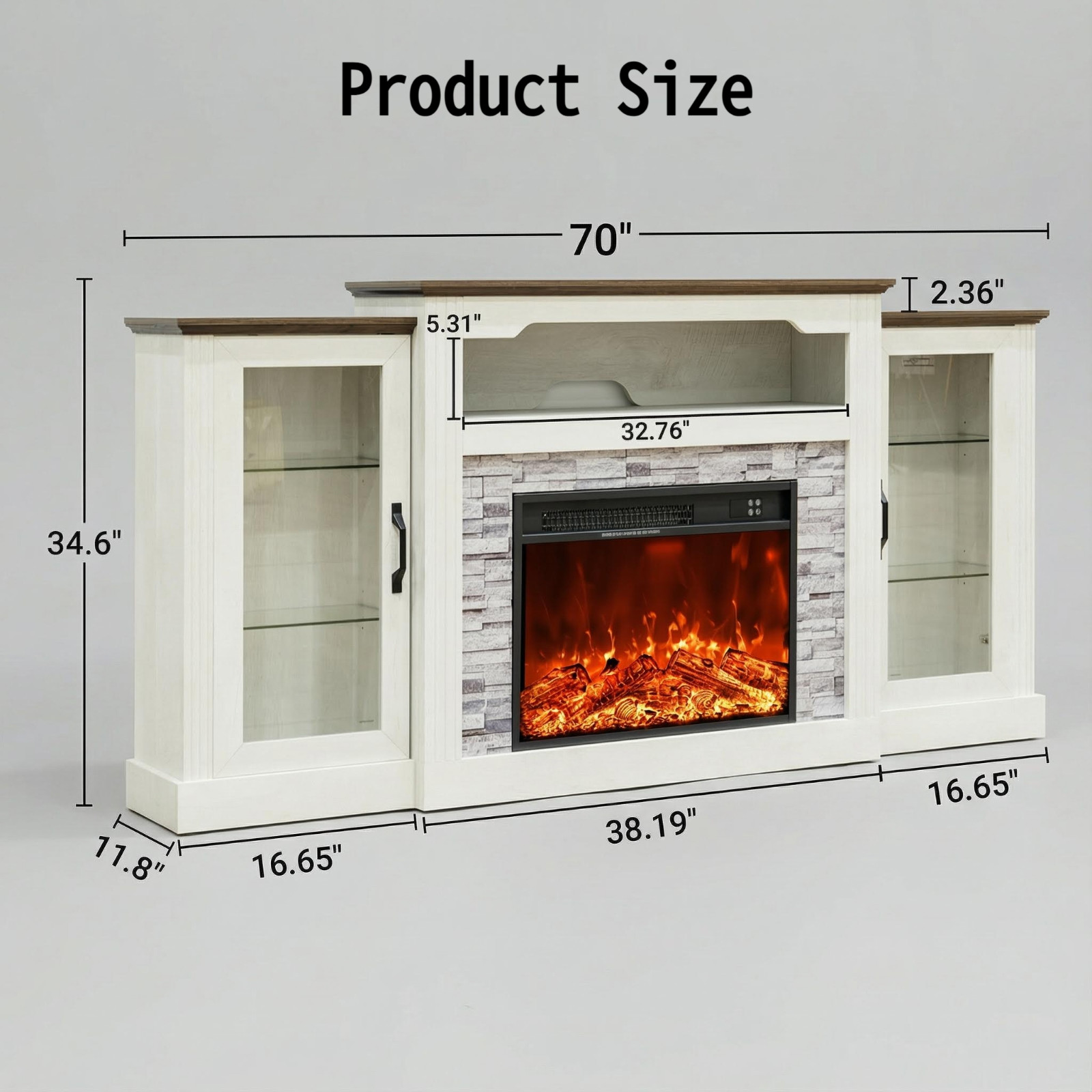 70” White Electric Fireplace TV Stand Glass Door Storage Cabinet for 65–75” TV