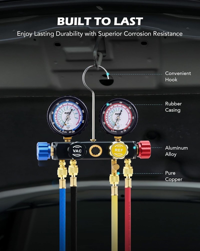 Durable 4 Valve AC Manifold with Color-Coded Hoses & Complete Adapter Kit