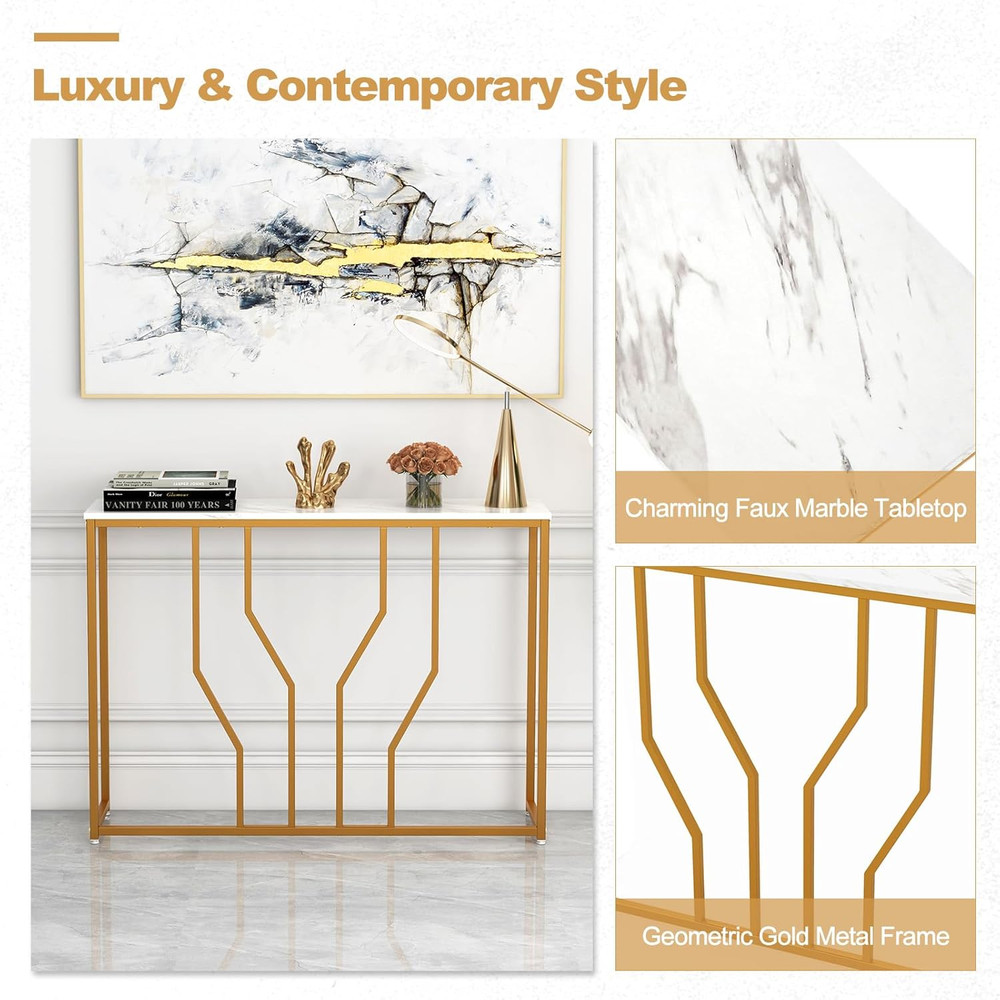 Gold Console Table, Modern Sofa Table with Faux Marble Tabletop & Geometric Meta