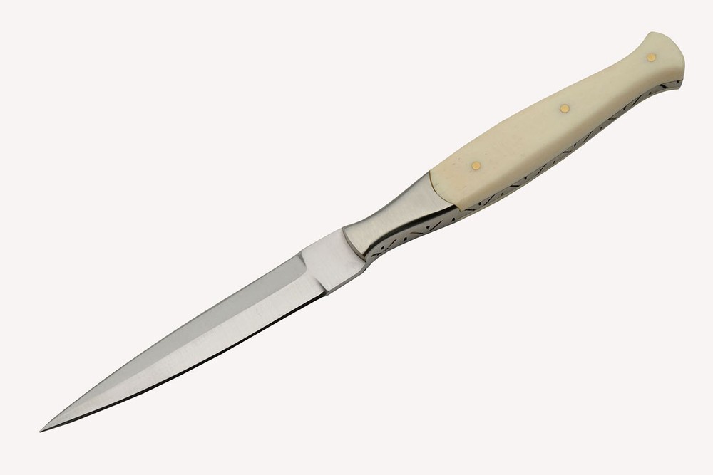 Dagger Slim Double Edge Stiletto Blade Bone Handle Full Tang + Leather Sheath
