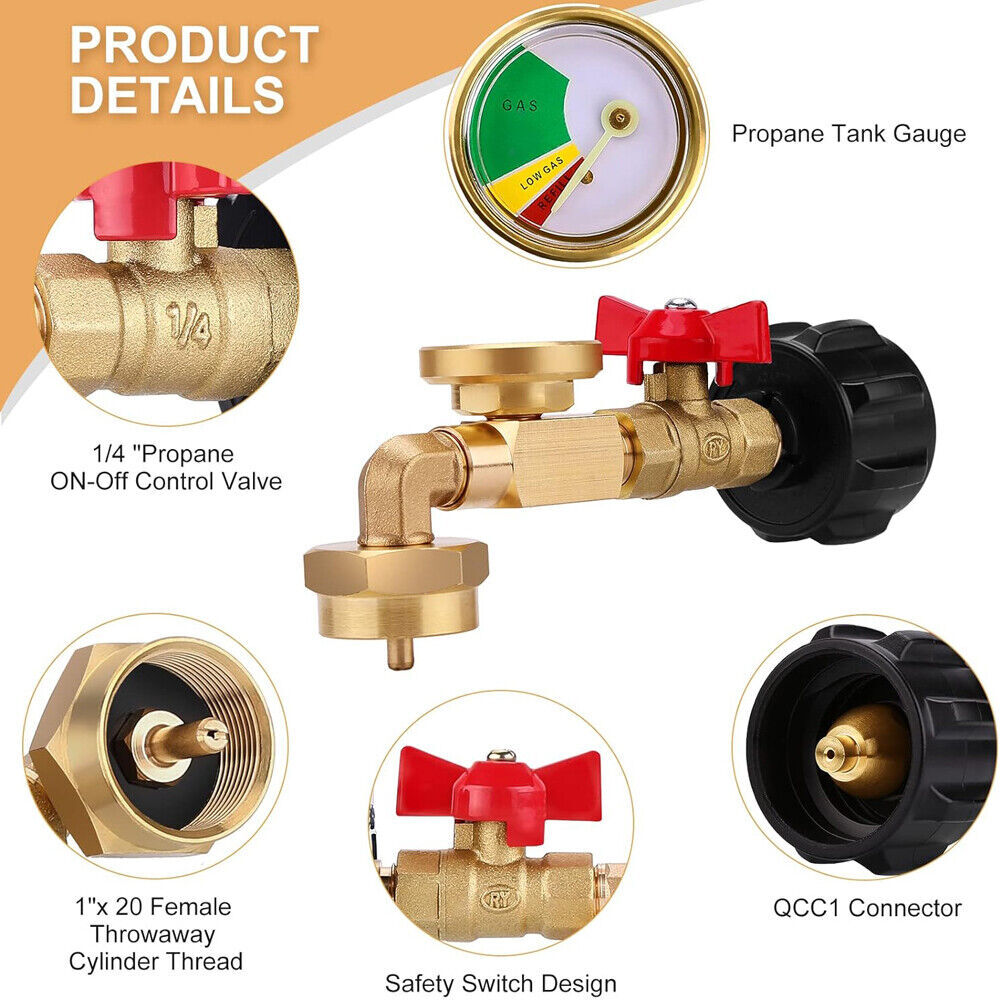 Propane Refill Adapter 20lb to 1lb, 90° Design, Quick & Smooth Refilling
