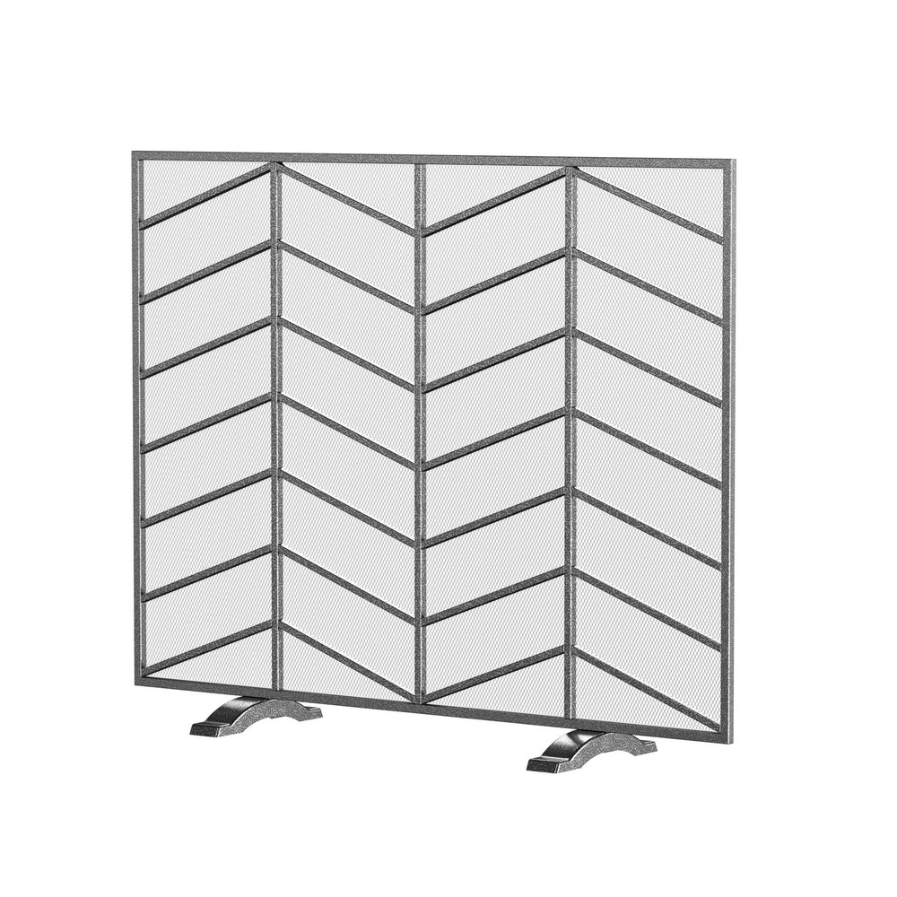 Single Panel Handcrafted Wrought Iron Mesh Chevron Fireplace Screen, Fire Spa...
