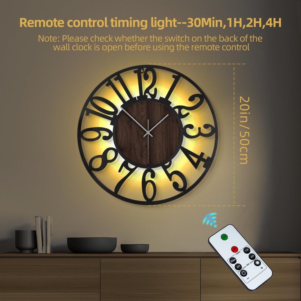 LEIKE Large Wall Clock 20'' Lighted Rustic Wood Clock with Remote Timer, Sile...