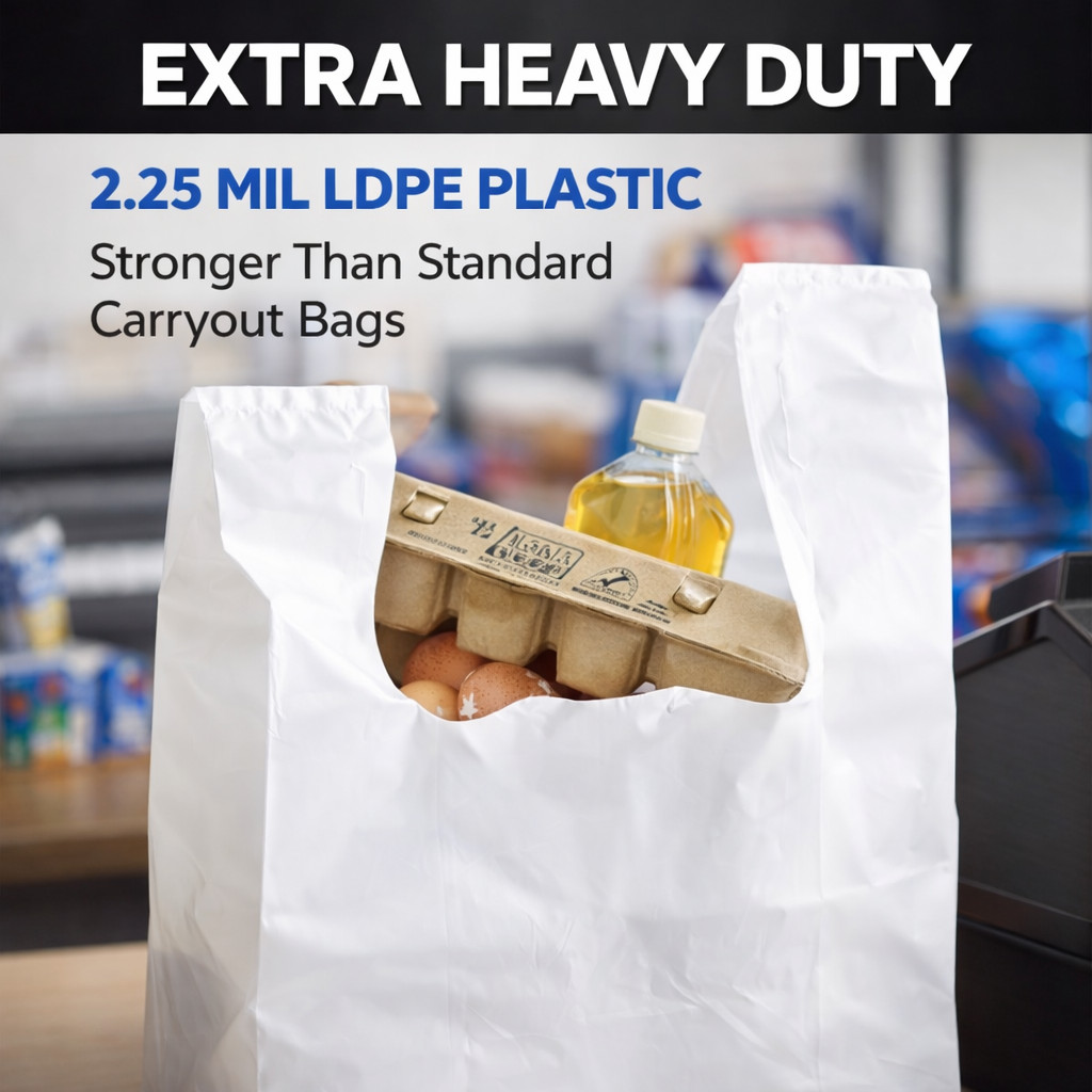 2.25 Mil Reusable Grocery White T-Shirt Bags 12x7x20 Extra Heavy Duty