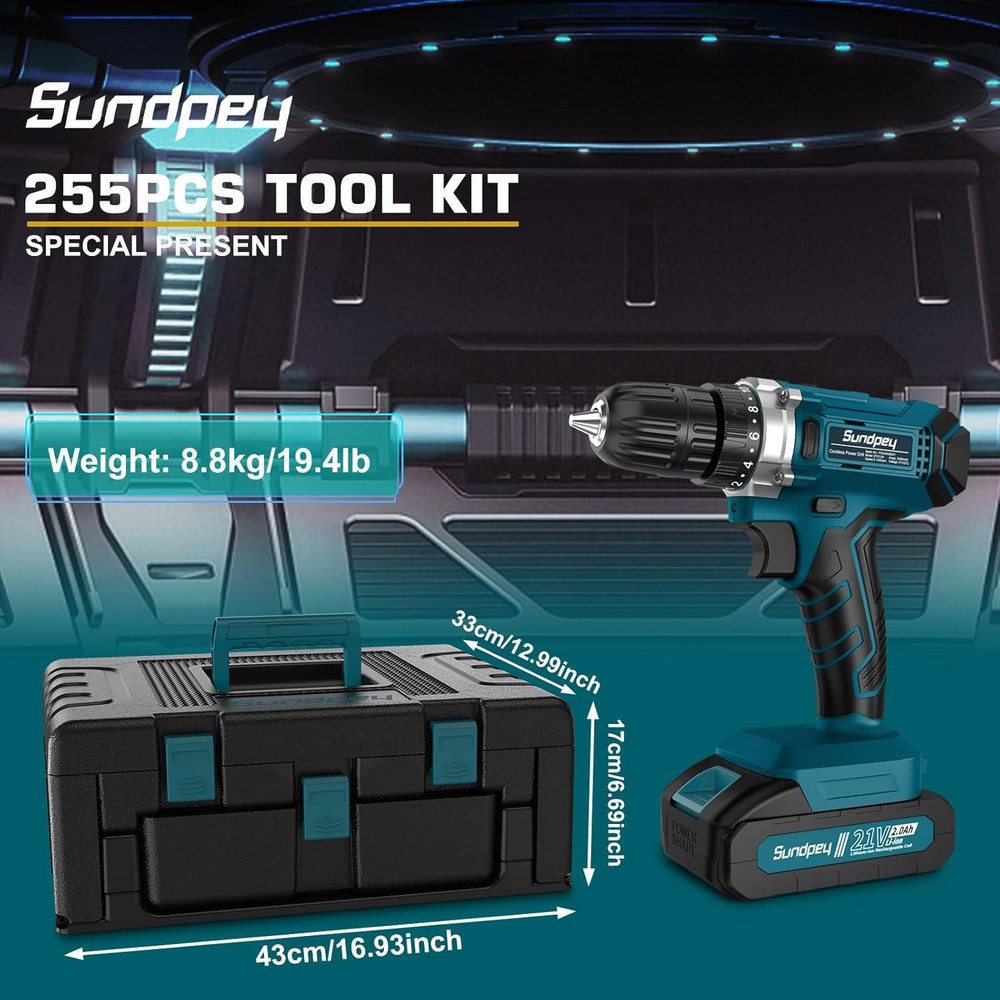Tool Kit with 21V Cordless Drill - 255-Pcs Portable Complete General Basic Home