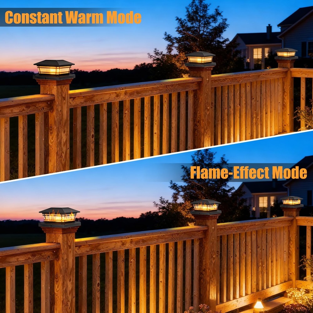 Sparluvix Flame Solar Post Cap Lights, 4 Pack, Black-Flickering