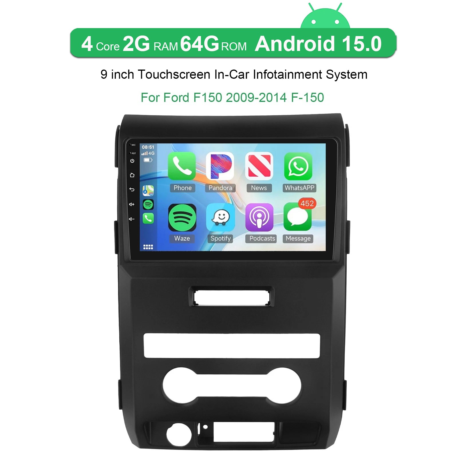 For Ford F-150 2009-2014 Apple Carplay Android 15 Car Stereo Radio GPS FM 2+64GB