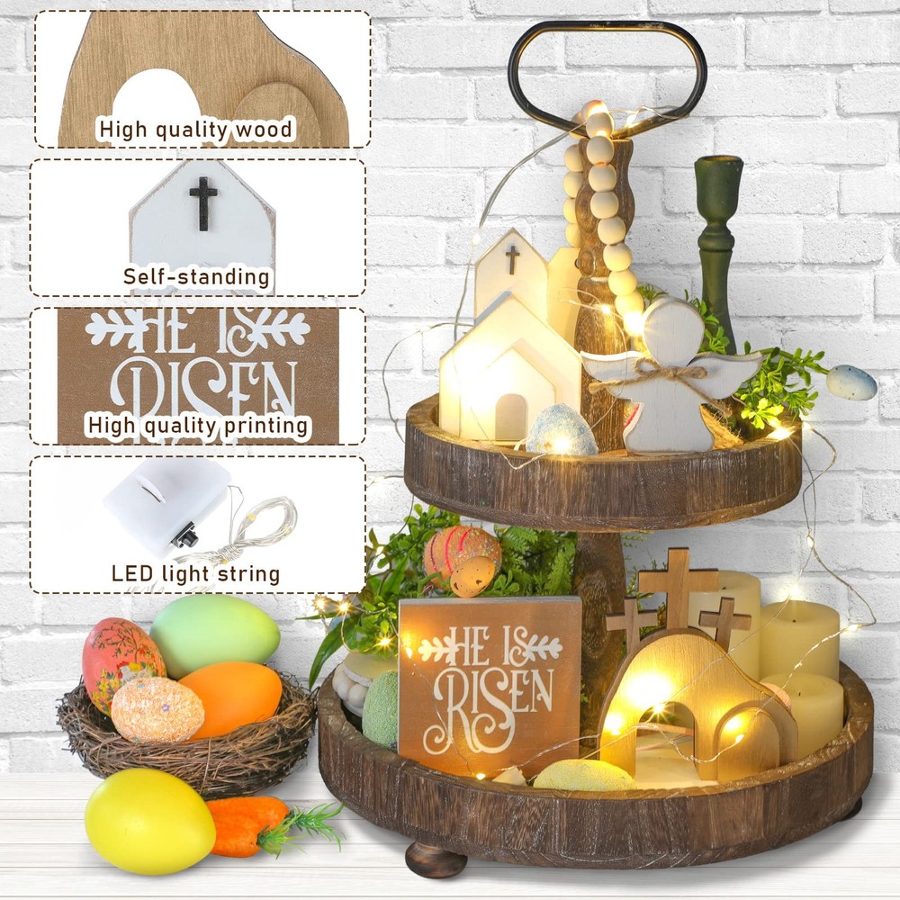 Glenmal 4 Pcs Easter Tiered Tray Decor He is Risen Religious Brown, White