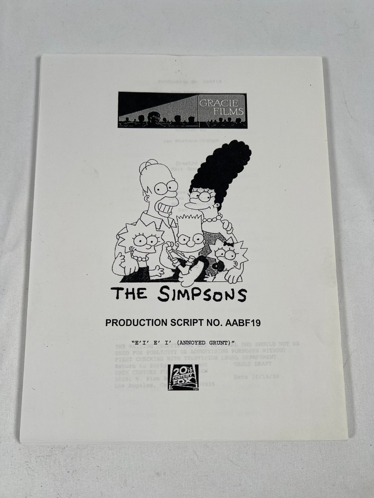 The Simpsons Production Script AABF19 “E-I-E-I (Annoyed Grunt)” 1998 TV Script