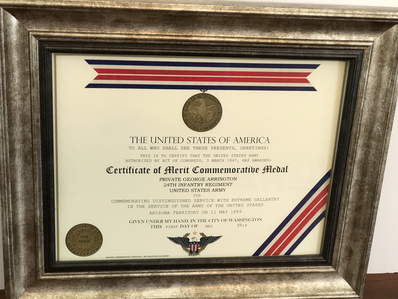 CERTIFICATE OF MERIT COMMEMORATIVE MEDAL CERTIFICATE ~ Type 1 w/Custom Printing