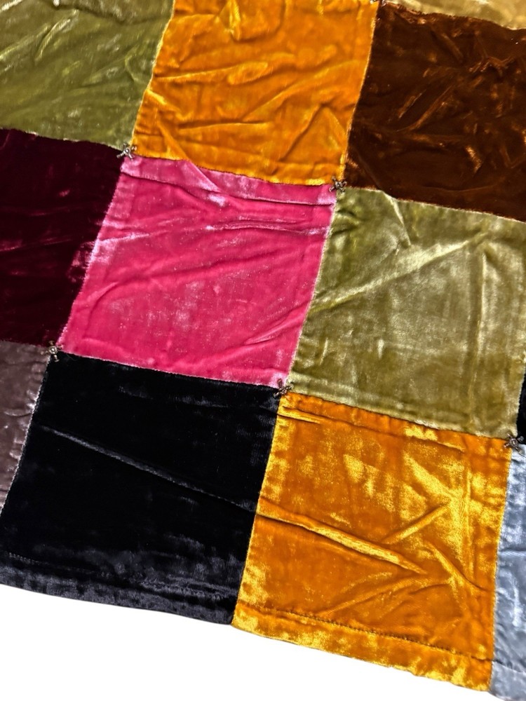 Velvet Patchwork Front Silk Lined Back Beaded Throw Shawl Lap Quilt Boho 68” X36