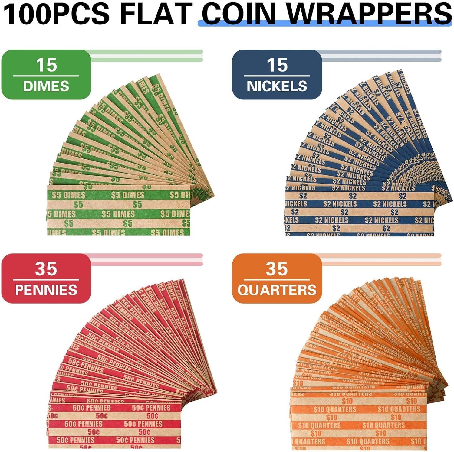 100 Pcs Assorted Packed Flat Stripped Coin Wrappers Coin Rolls Wrapper Quarters