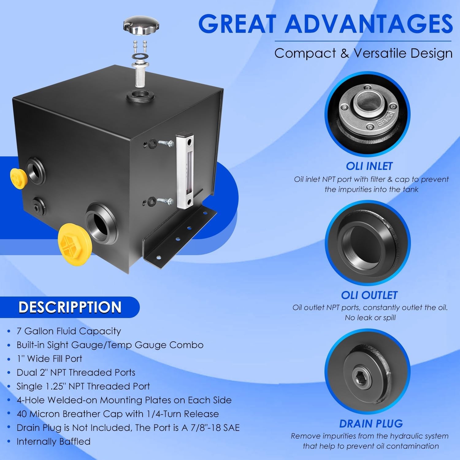7-Gallon Hydraulic Fluid Reservoir Tank 14 Gauge Steel Oil Tank for Vehicles