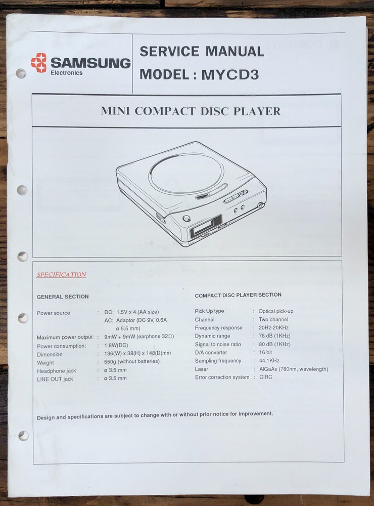 Samsung MYCD3 MY CD3 CD Player  Service Manual *Original*