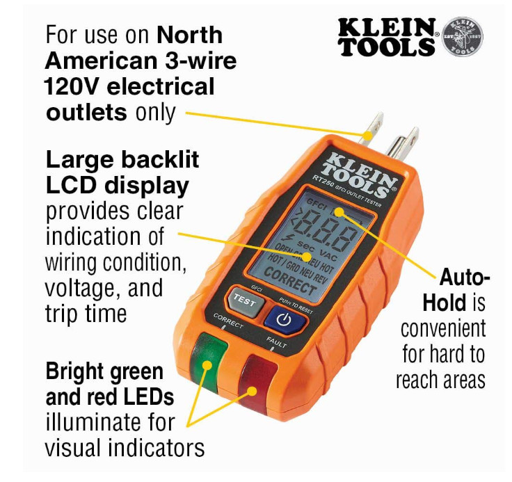 Klein Tools RT250 GFCI Outlet Tester with LCD Display, Electric Voltage Tester