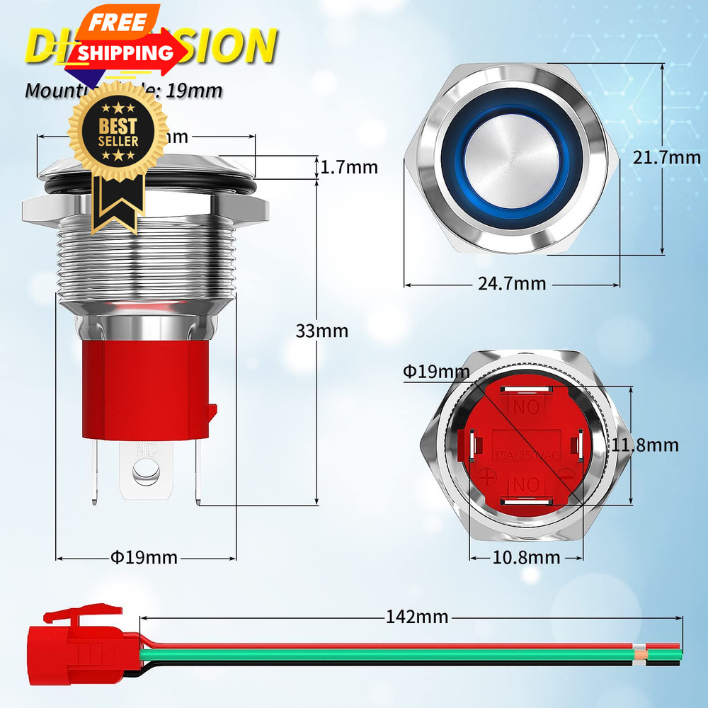 Momentary Push Button Switch 20 Amp 12V Start 19mm SPST Silver