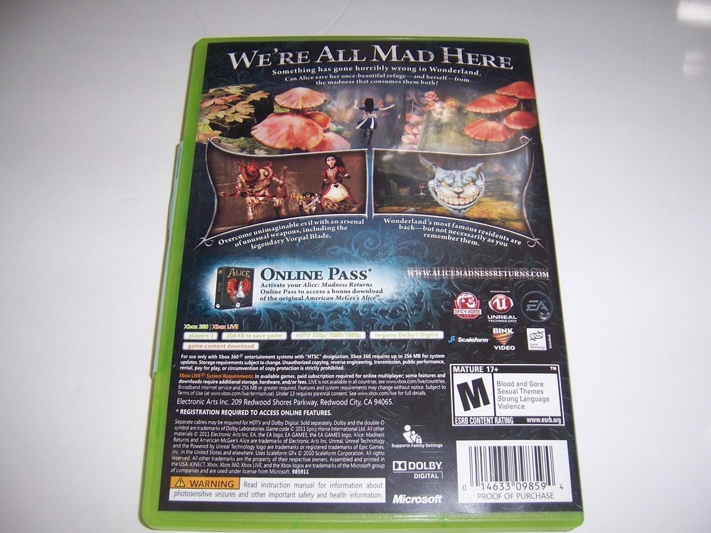 Authentic Case and Manual - ALICE MADNESS RETURNS - Microsoft Xbox 360