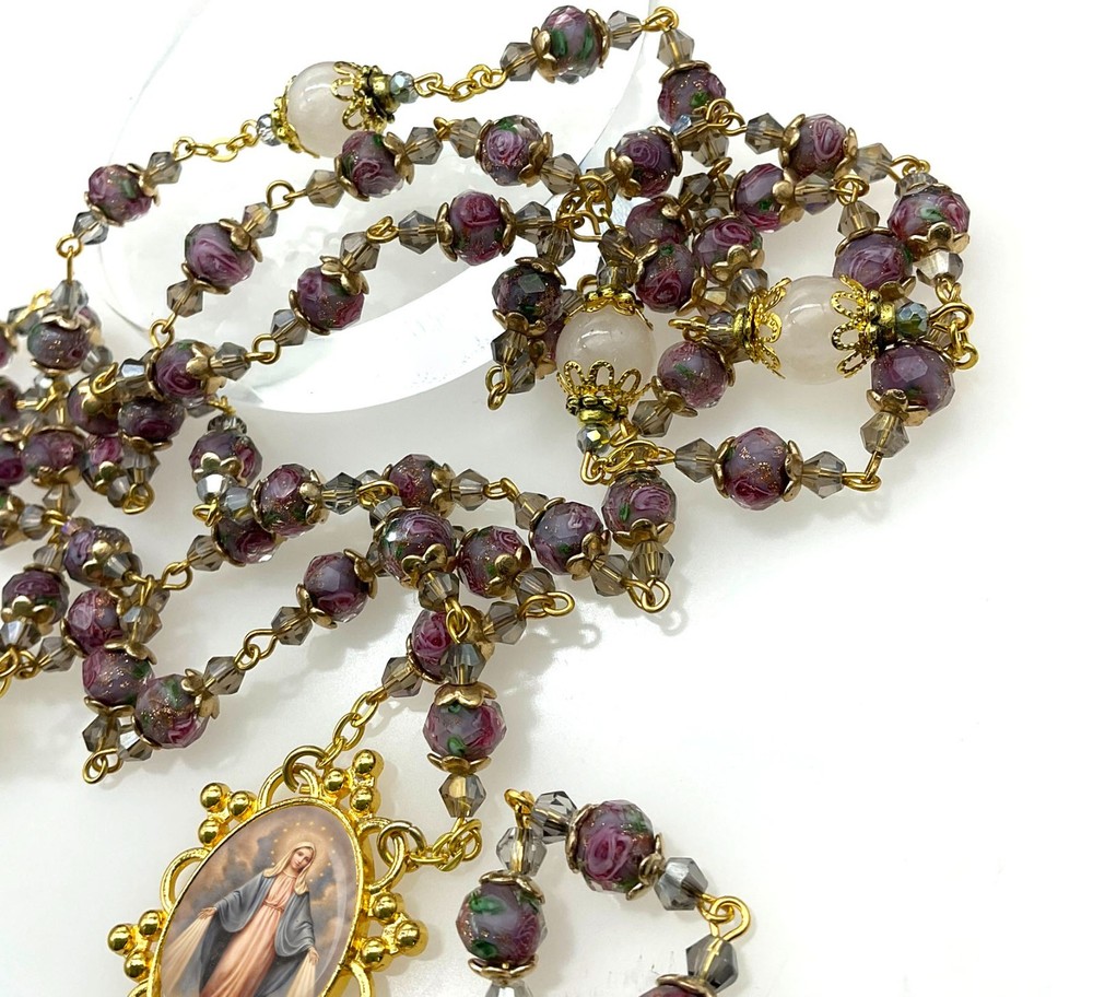 Rosary Immaculate Mary Lampwork Beads Gold Tone with Pink Quartz