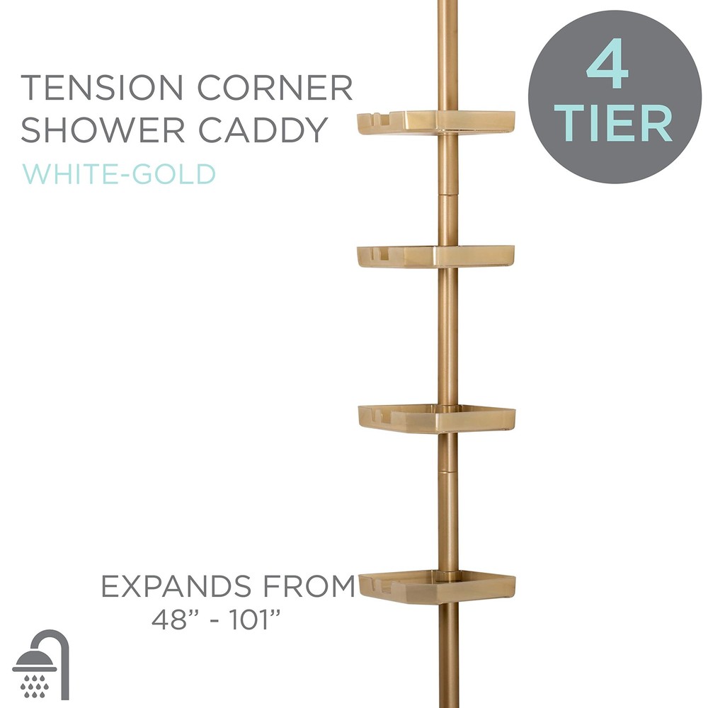 4 Tier Tensions Corner Shower Caddy | Shelves | Adjustable 48“-101” | Bathroo...