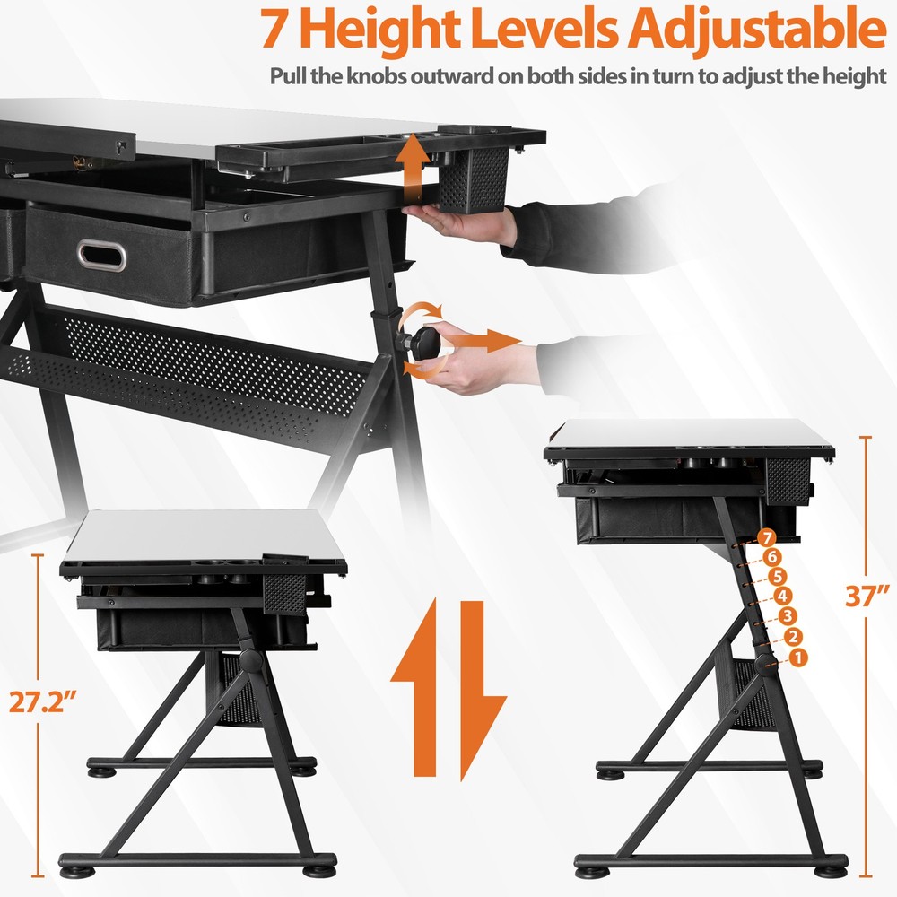 Drafting Drawing Table Adjustable Art Craft Desk w/Charging Station Stool White