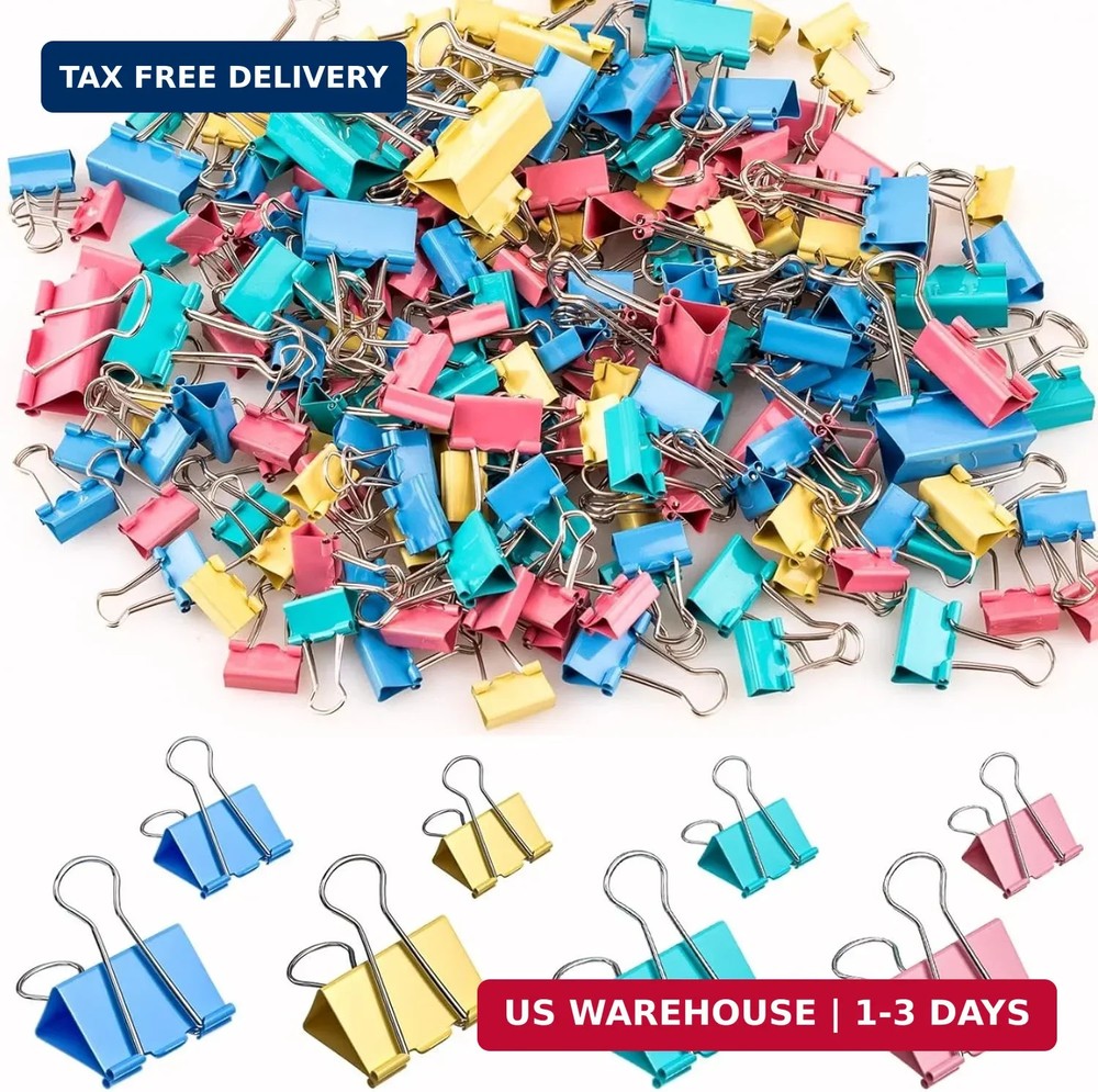 200 Count Colored Binder Clips Assorted Sizes, 4 Sizes Large, Medium, Small, Min