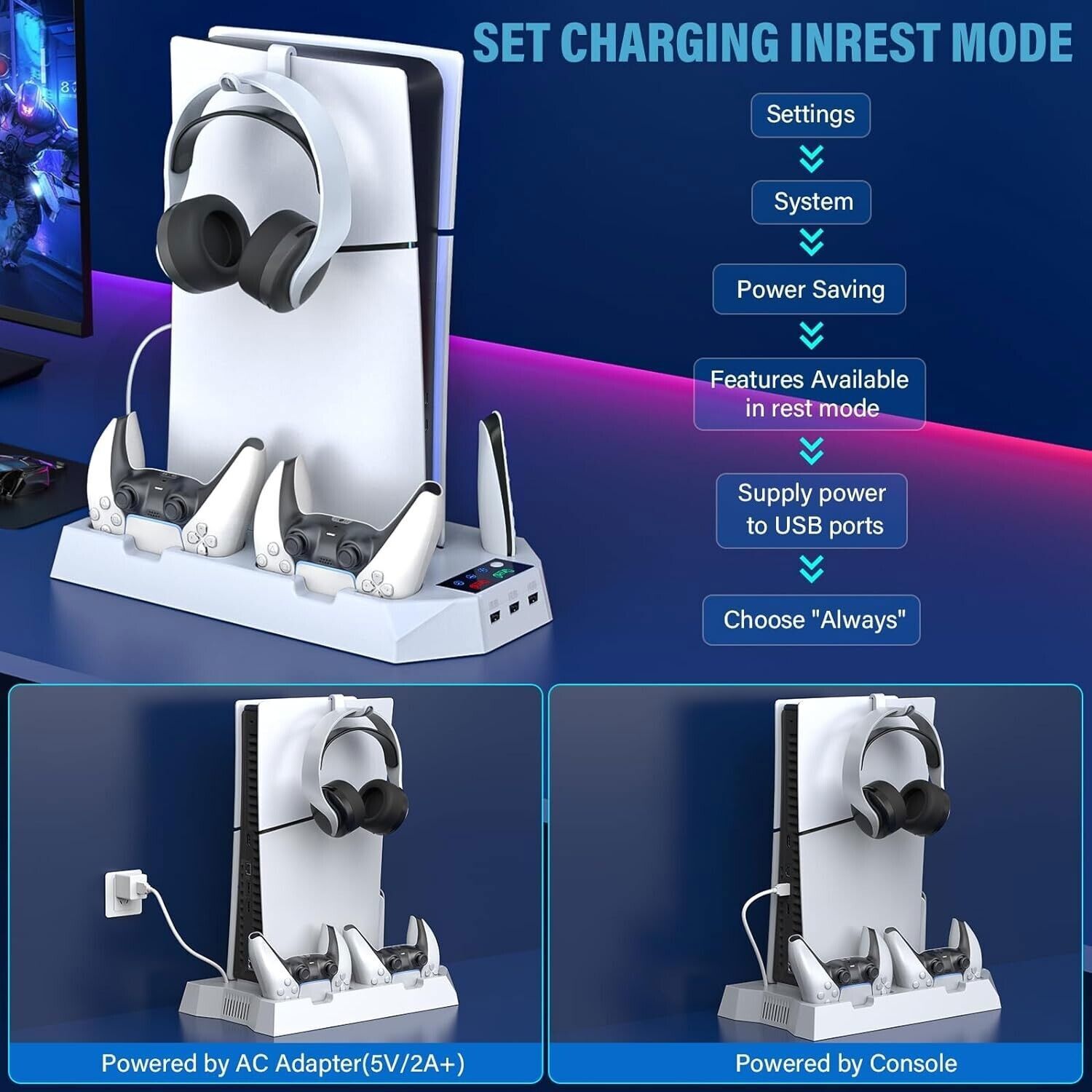 PS5 Slim Stand Cooling Fan,PS5 Controller Charging Station for Sony Playstation5