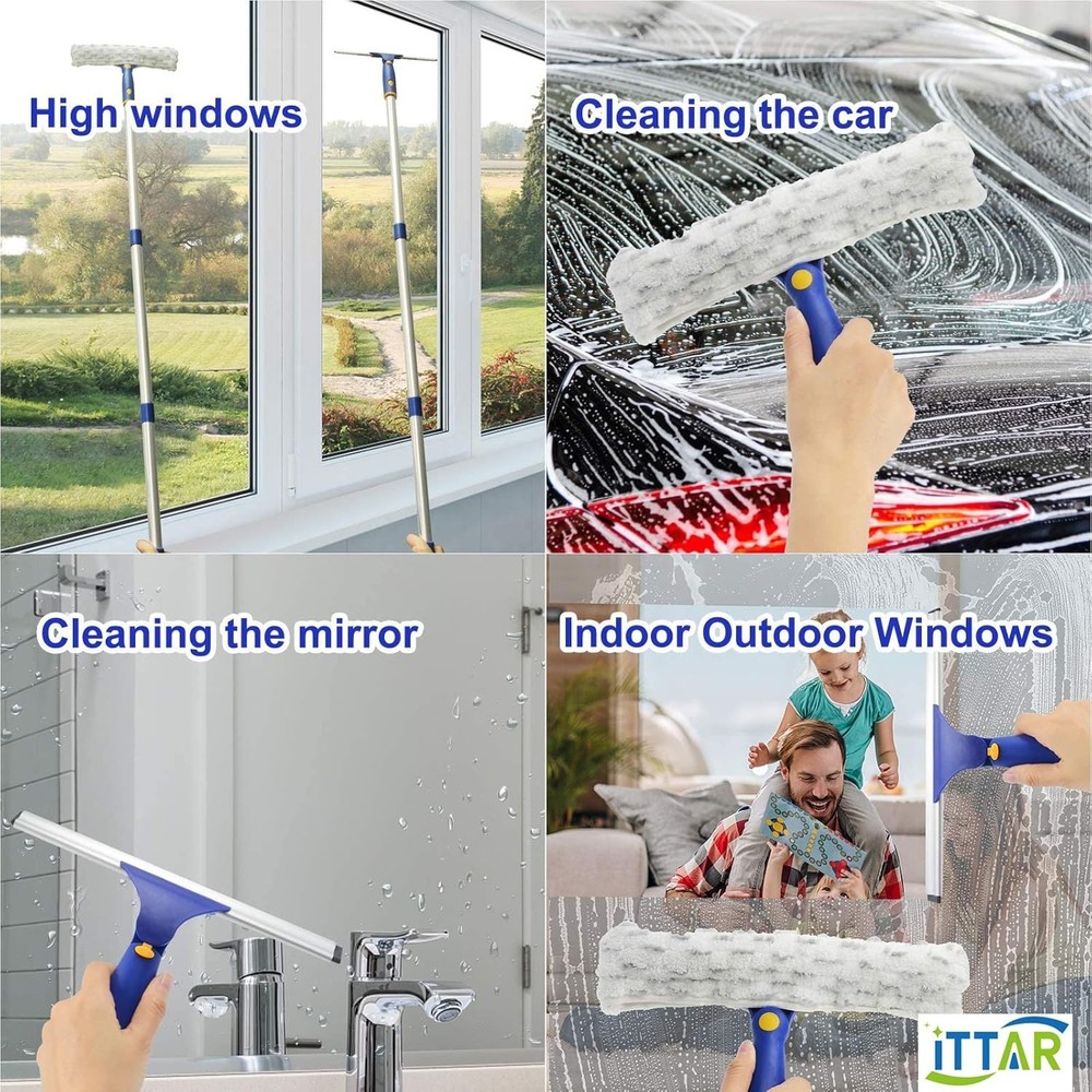 Window Cleaning Made Easy: 60" Extension Squeegee with Rubber Blade & Microfiber