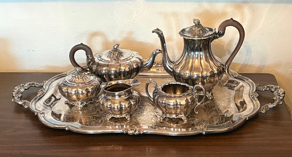 Vtg Antique Community Plate OLD ENGLISH MELON Silverplate 6 pc Tea Service Set