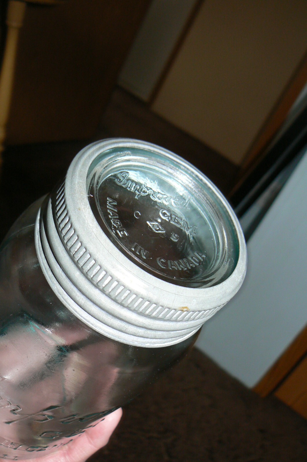 RARE 1920s Qt. Improved Gem Blue glass canning jar made by ( SDH ) from Canada,