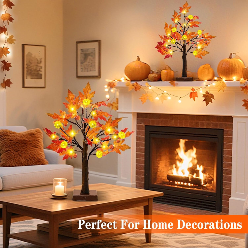 Thanksgiving Fall Decor-2 Pack 24 Inch Prelit Fall Maple Tree 48Leds Timer Acorn