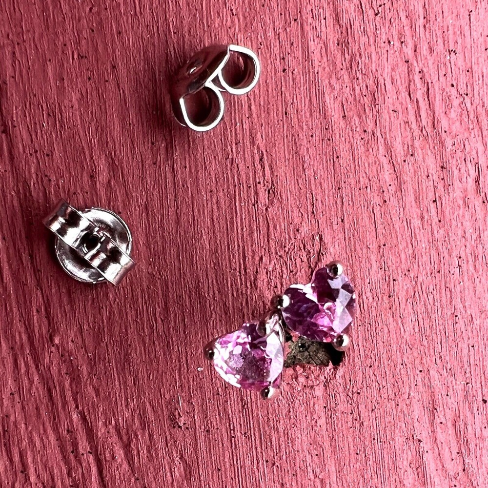 Tiny Lab Grown Pink Sapphire Heart Stud Earrings Solid Sterling Silver 925