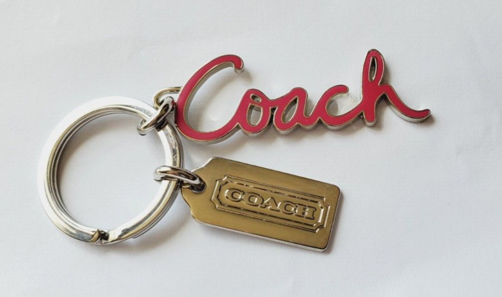 Coach Keychain Pink In Cursive Writing Silver Tone New