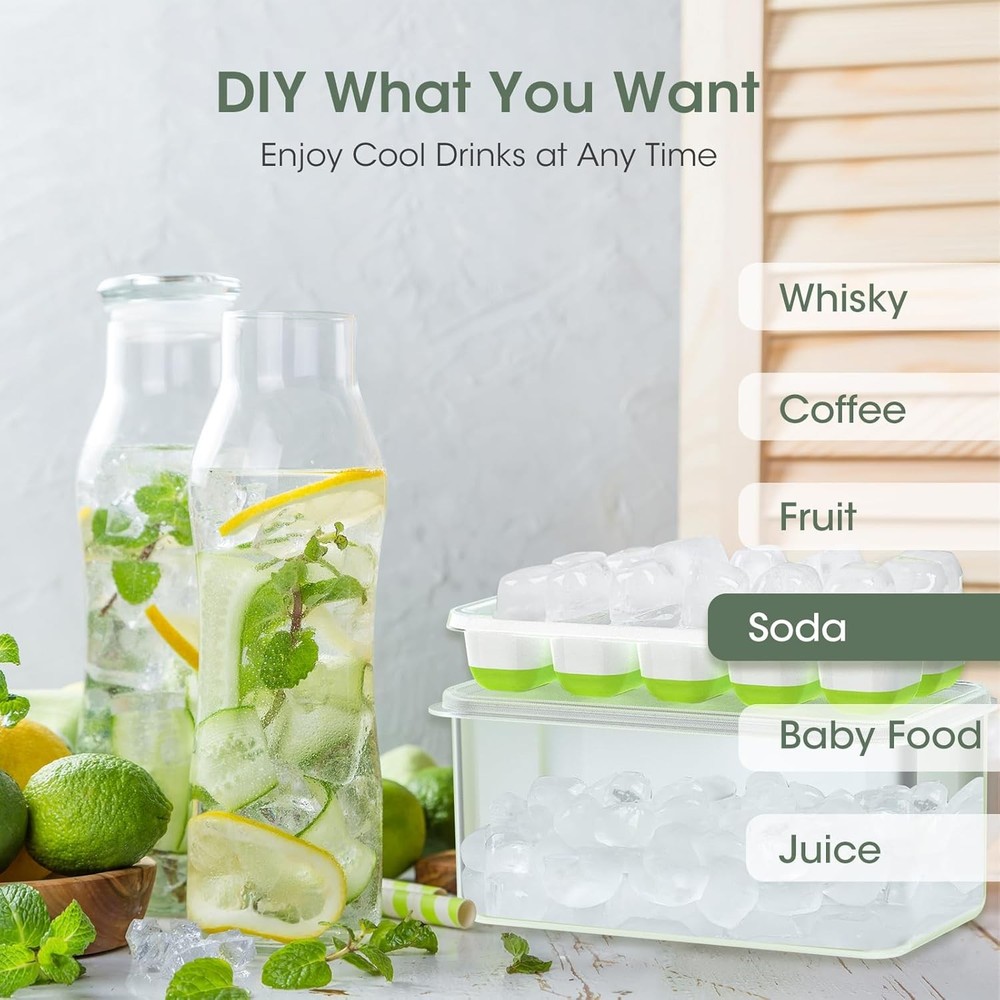 Stackable Ice Cube Tray Set with Lid and Bin - 4 Pack Silicone Trays, Storage