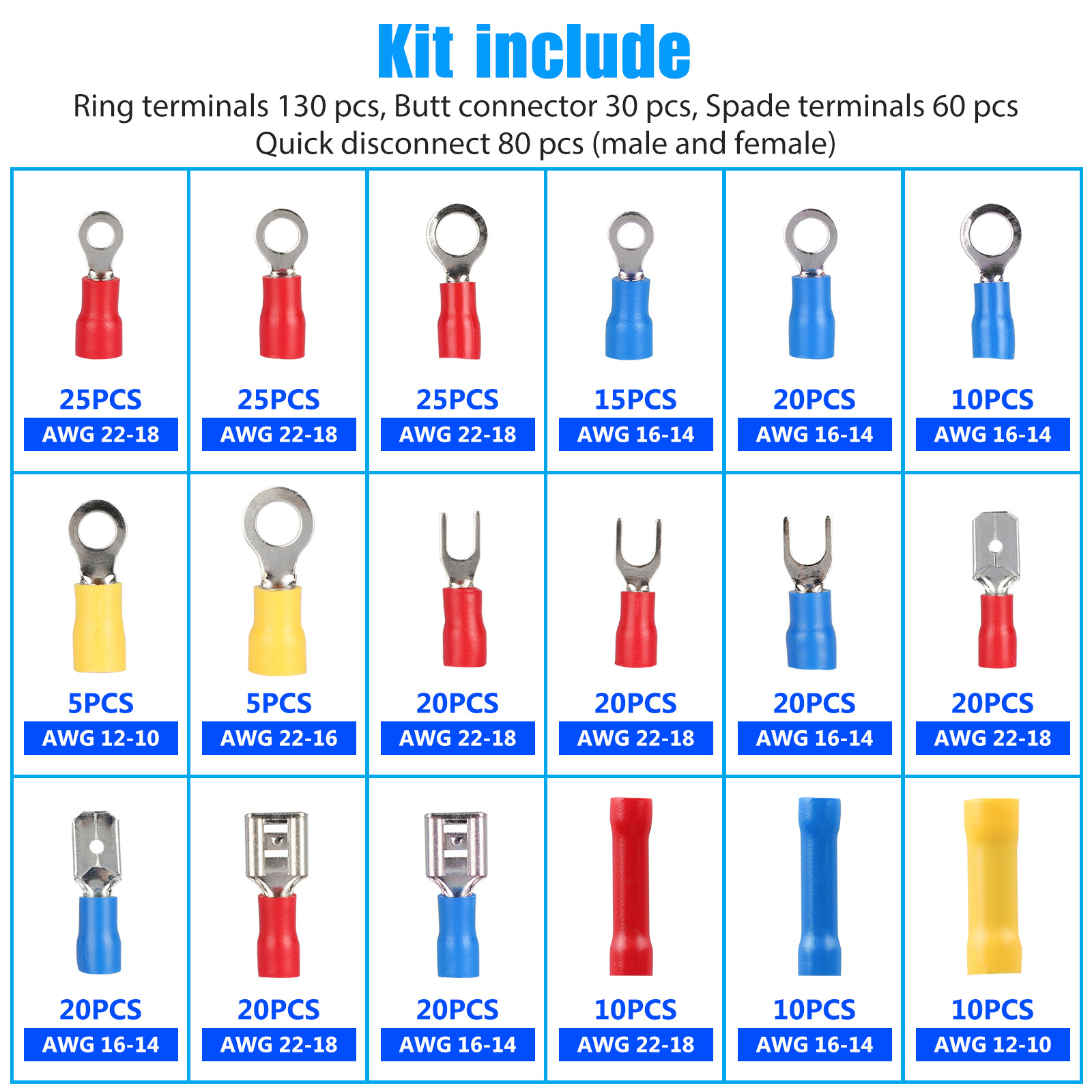 300PCS Insulated Electrical Wire Terminal Ring Splice Spade Crimp Connector Kit