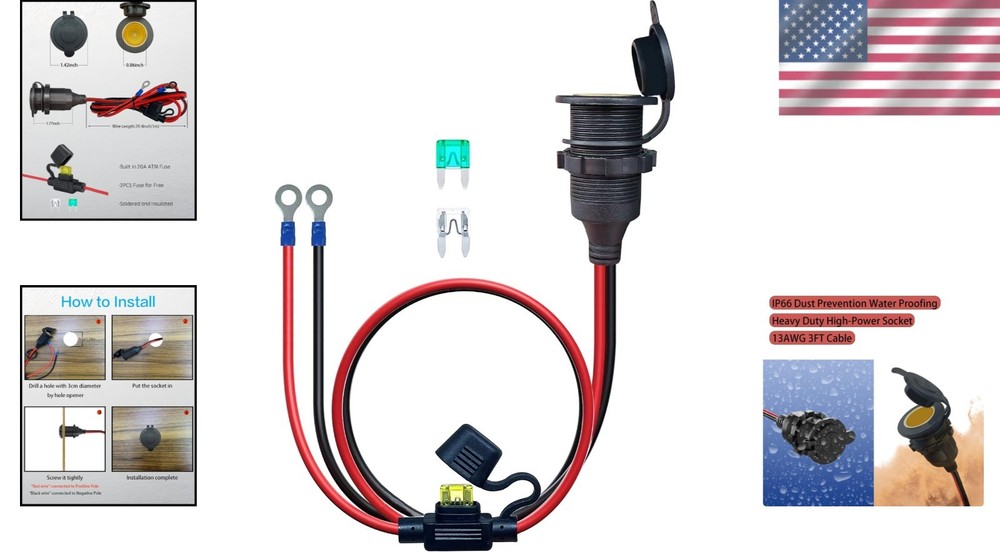 Durable 3FT Fixed Thread 12V Socket Extension with Built-in Safety Fuse