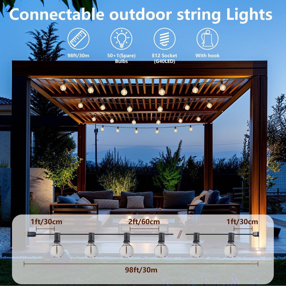 50 LED String Lights, 98FT Waterproof, Warm White, Plug-In for Patio & Deck