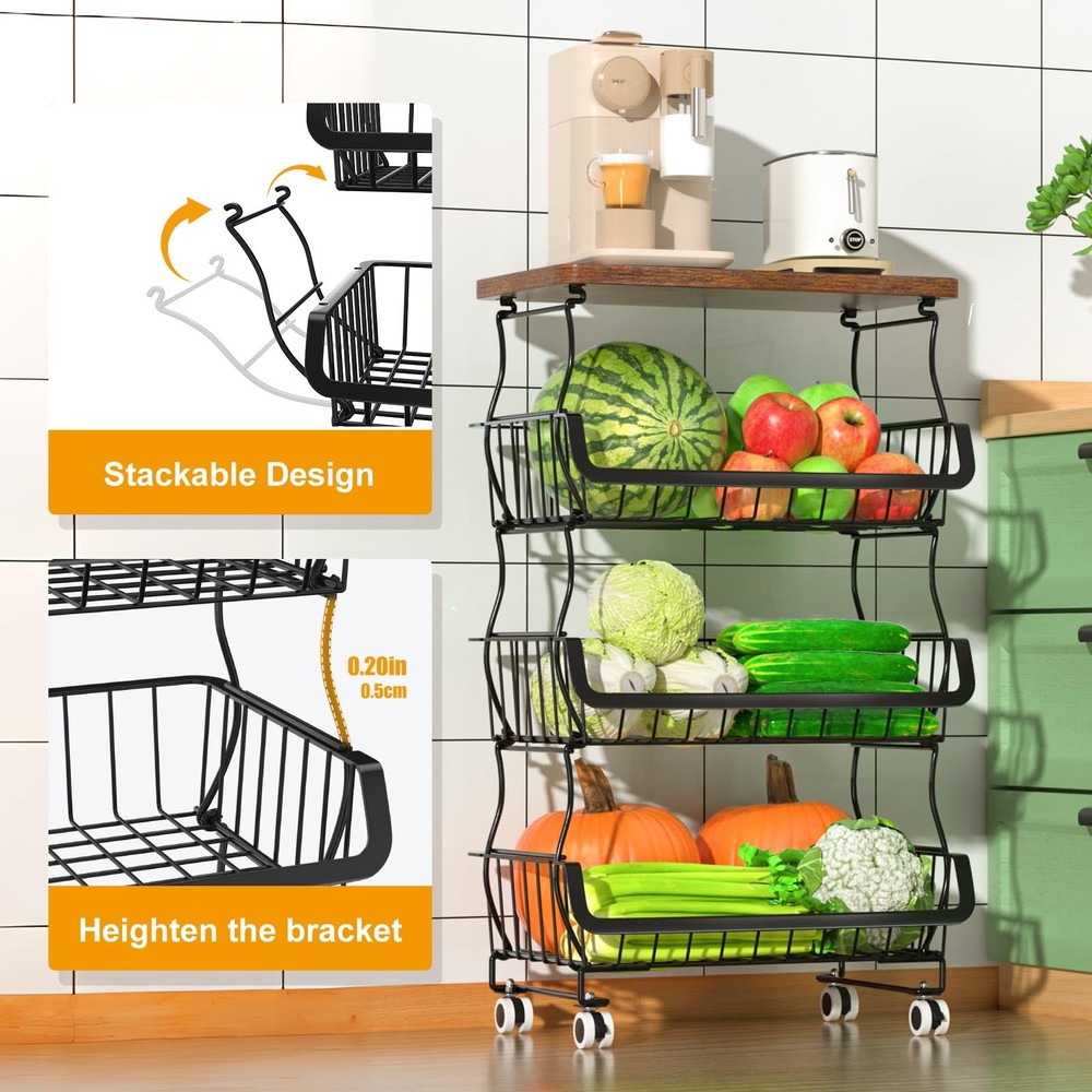 4 Tier Stackable Metal Wire Storage Basket Cart w/ Wheels